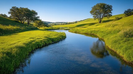 Fototapeta premium Serene River Landscape: A Picturesque Scene of Tranquility