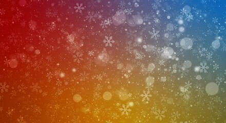 Winter Wonderland: A captivating, abstract background featuring a seamless blend of red, orange, and blue hues with a gentle flurry of snowflakes, perfect for festive designs. 