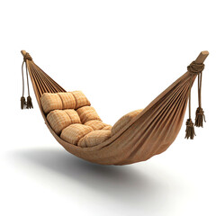Brown hammock with beige cushions isolated on white background.