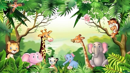 Obraz premium Adorable and Whimsical World of Cute Cartoon Safari Zoo: Unveiling the Enchanting Beauty of Watercolor Style with Animal Frame Border. Explore Keywords like Charming, Playful, Jungle Creatures, Exotic
