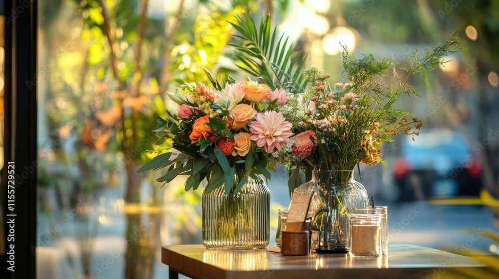 Poster stylish storefront display featuring vibrant flowers in glass vases during a sunny afternoon. genera