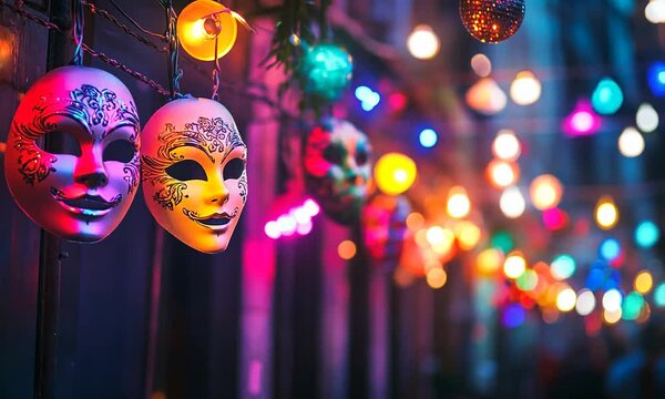 Mardi Gras row of colorful masks hanging from a lighted string. The masks are of different shapes and sizes, and the lights create a festive atmosphere