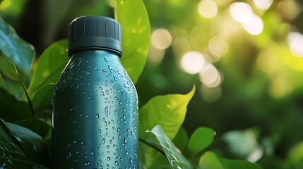 A close-up shot of a reusable water bottle with condensation on it, placed on a background of lush greenery.