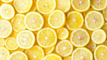Freshly Cut Lemon Slices Arranged Over Bright Yellow Background
