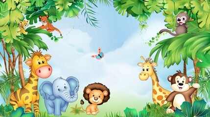 Naklejka premium Adorable and Whimsical World of Cute Cartoon Safari Zoo: Unveiling the Enchanting Beauty of Watercolor Style with Animal Frame Border. Explore Keywords like Charming, Playful, Jungle Creatures, Exotic