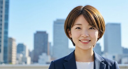 Confident Short-Haired Japanese Businesswoman in Modern City: Embracing Elegance and Determination