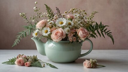 Cute Dried Flower Bouquet in Soft Green Teapot Arrangement