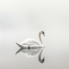 Majestic white swan swims on a misty lake, creating a serene and peaceful atmosphere