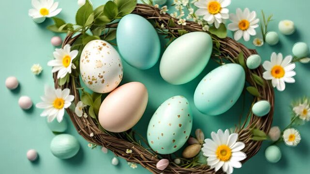 Happy easter day with painted eggs and spring flowers on solid pastel blue background. Holiday greeting card, flat lay
