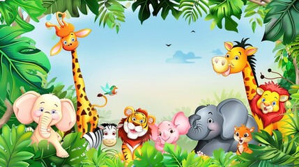 Obraz premium Adorable and Whimsical World of Cute Cartoon Safari Zoo: Unveiling the Enchanting Beauty of Watercolor Style with Animal Frame Border. Explore Keywords like Charming, Playful, Jungle Creatures, Exotic