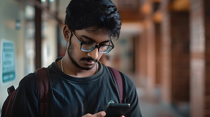 Thoughtful young man using smartphone in a dimly lit hallway