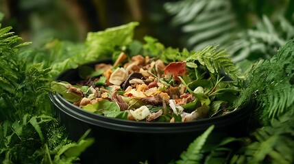 A compostable food container filled with food scraps, surrounded by lush greenery. Showcase the sustainable and environmentally friendly nature of the container.