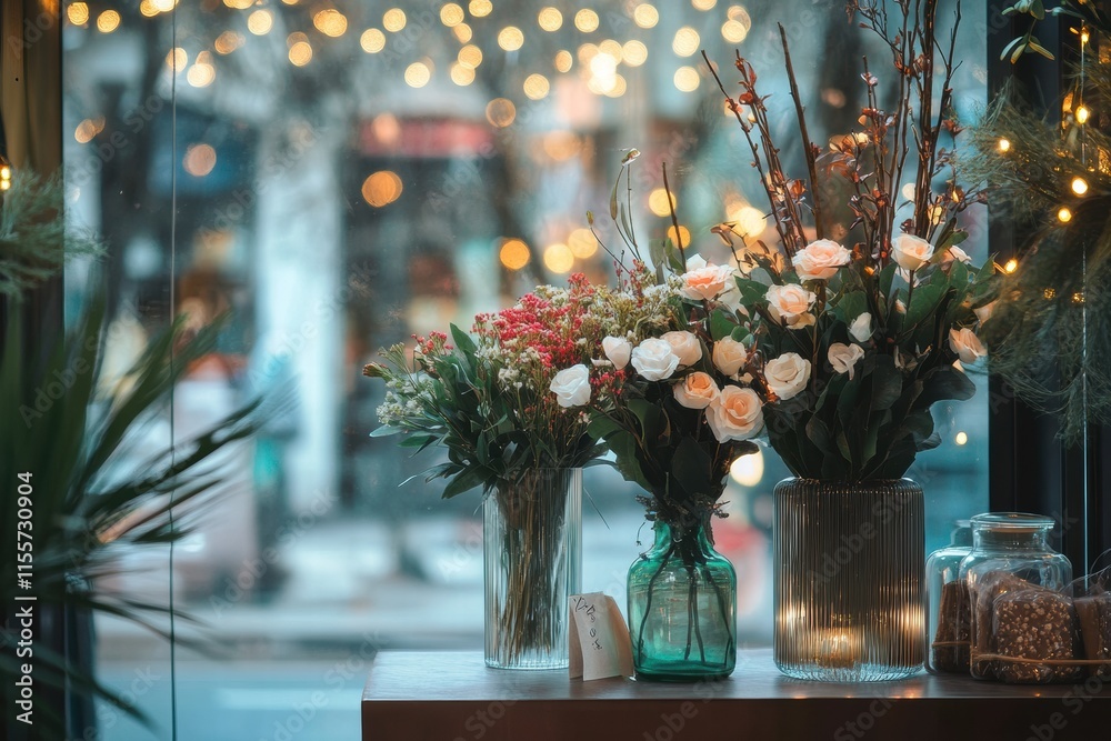 Poster stylish storefront display featuring beautiful flowers in glass vases with warm evening lights. gene