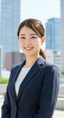 Confident Japanese Businesswoman with Ponytail in Urban Cityscape: Embracing Professionalism and Ambition