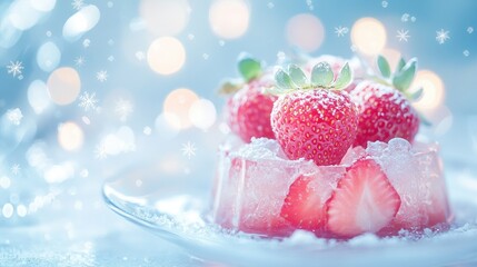 A dessert featuring strawberries in a jelly-like dish, surrounded by a wintery ambiance.