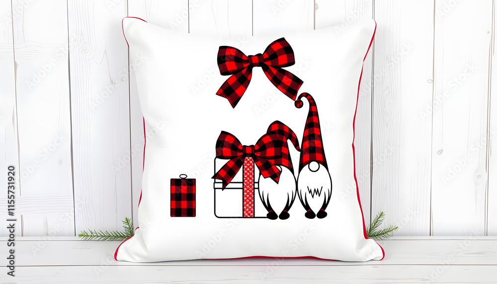 Wall mural Throw pillow cushion product mockup. Christmas farmhouse theme SVG craft product mockup styled with gift with buffalo plaid bow and farmhouse style gnomes against a white wood background, color sket