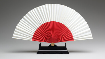 Japanese fan with red and white design on black stand.