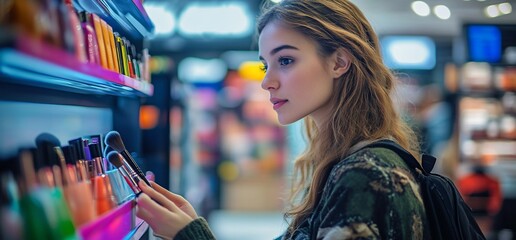 A young woman examines cosmetics in a vibrant store setting.