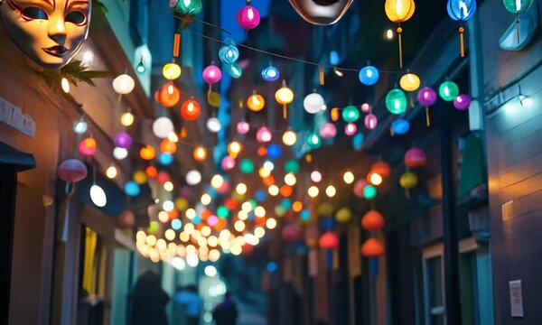 Mardi Gras row of colorful masks hanging from a lighted string. The masks are of different shapes and sizes, and the lights create a festive atmosphere