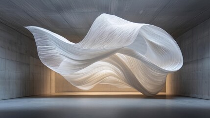 Abstract White Fabric Sculpture in Modern Concrete Interior