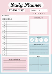 Daily planner for diary, organiser, notebook. Print. Planner and to do list. Vector Illustration