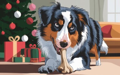Surreal Christmas living room with Australian Shepherd chewing a bone near gifts and a glowing tree