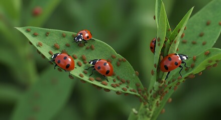 Fototapeta premium Ladybugs Arrive as Natural Pest Control in Aphid Infested Garden