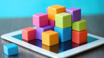 Obraz premium Lean Six Sigma business concept represented with colorful building blocks on a tablet screen illustrating innovative problem-solving strategies.