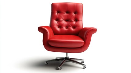Fototapeta premium Stylish red office chair with tufted design isolated on white background showcasing modern furniture aesthetics and comfort.
