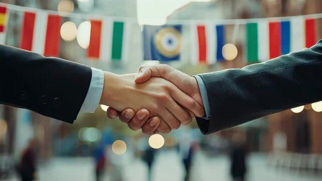 handshake on a background of flags close-up. Selective focus