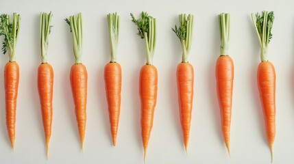 Freshly harvested polished carrots neatly arranged on a clean white background showcasing their vibrant color and crisp greens.