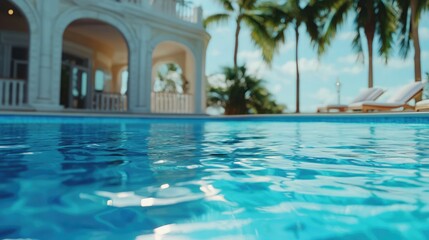 Fototapeta premium Serene view of a luxurious pool surrounded by palm trees and elegant architecture under a clear blue sky, perfect for relaxation.