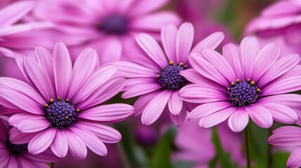 Obraz premium Vibrant pink and purple flowers in bloom showcasing delicate petals and rich purple centers in a lush green setting