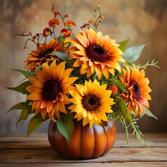 Autumn Bouquet Featuring Sunflowers and Chrysanthemums in Pumpkin-Shaped Vase