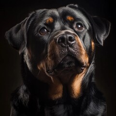 Fototapeta premium Portrait of a majestic rottweiler against dark background