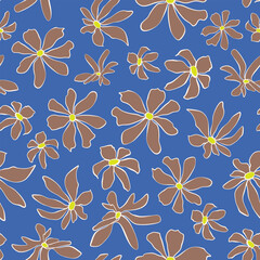Hand drawn flower heads seamless repeat pattern on mocha brown background. Vector, botany bloomy aop, all over print.