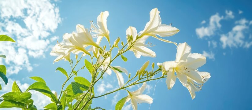 White Orchid Tree Bauhinia Variegata Var Alba Blossoms Against Vibrant Blue Sky Natural Beauty High Quality Image