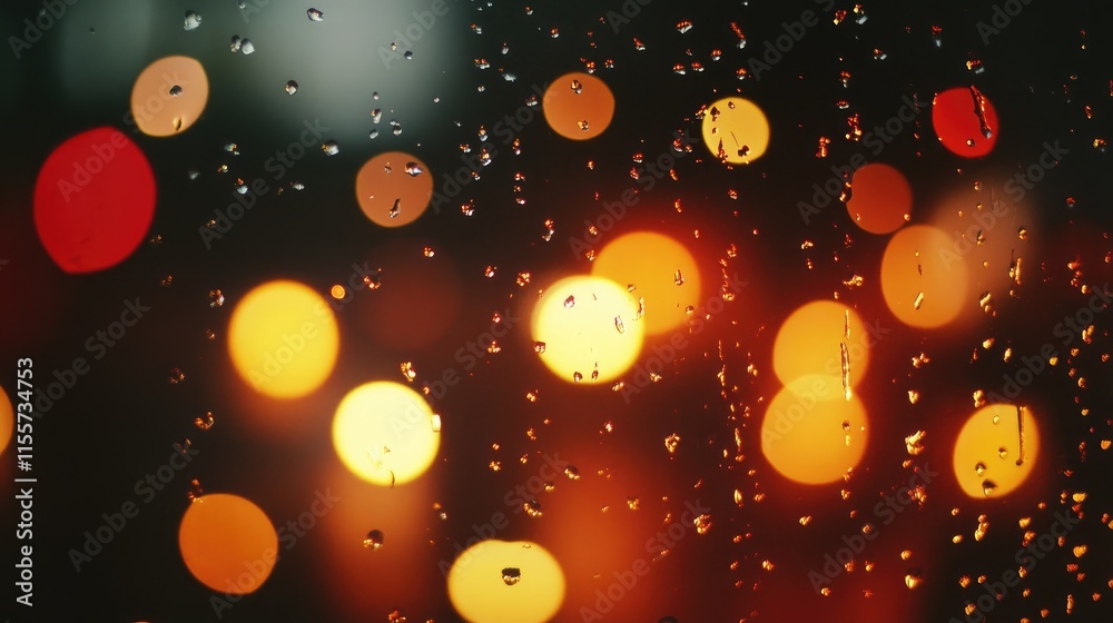 Poster raindrops on dark surface with blurred lights creating a dreamy bokeh background effect during a rai