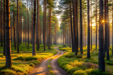 Fototapeta premium Serene Trail Through a Misty Pine Forest at Dawn