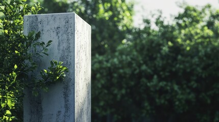 Naklejka premium Concrete column construction detail surrounded by lush greenery indicating future home development and natural integration.