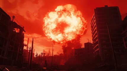 Dramatic red sky over a cityscape depicting an intense explosion with fiery clouds and destruction in the aftermath of disaster