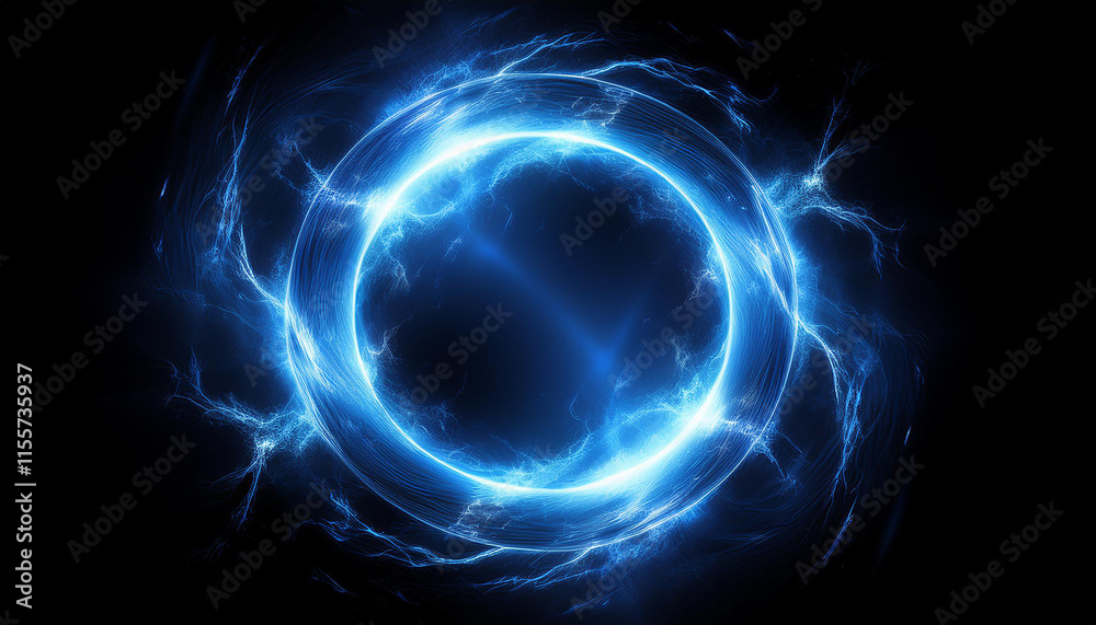 Wall mural abstract blue lightning circle on black backdrop. magic round shape.