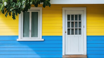 Vibrant house exterior featuring blue and yellow paint with white trim showcasing a modern and colorful design aesthetic.