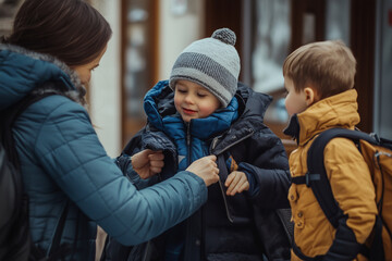 Parents share responsibility in dressing their children for winter activities outdoors in a cozy neighborhood setting
