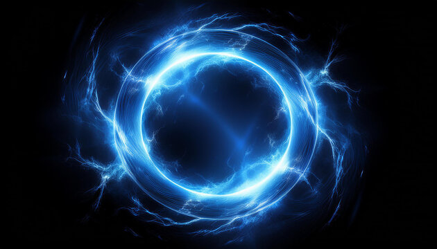 Abstract blue lightning circle on black backdrop. Magic round shape.