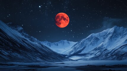 Obraz premium Stunning polar landscape featuring a vivid red supermoon illuminating snow-capped mountains under a starry night sky
