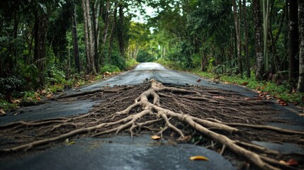 Tree roots disrupting asphalt road in a forested area showcasing nature's impact on infrastructure
