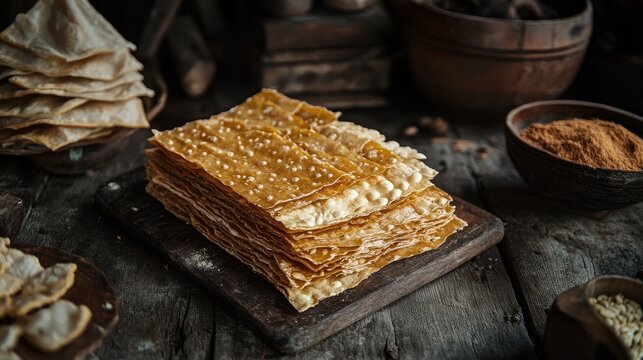 Traditional rambak cow skin crackers stacked on a rustic wooden table with spices and ingredients for a culinary heritage theme.