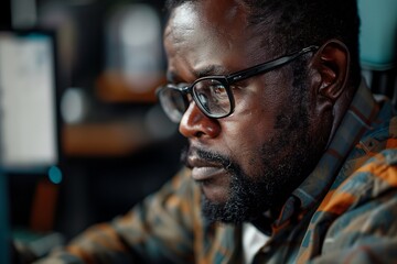 Focused man with glasses working at a desk, embodying determination in a contemporary workspace.