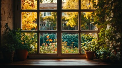 Autumn garden view from a cozy window with colorful foliage and potted plants creating a tranquil and inviting atmosphere.